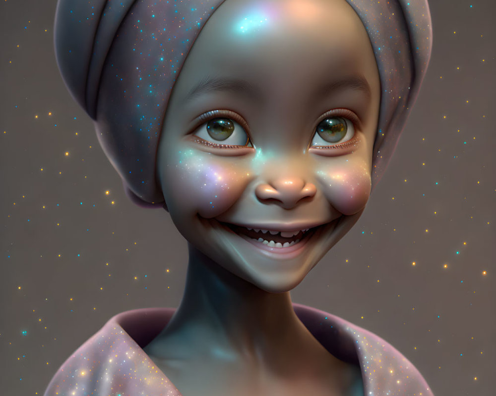 Smiling child with sparkling skin and turban in digital portrait
