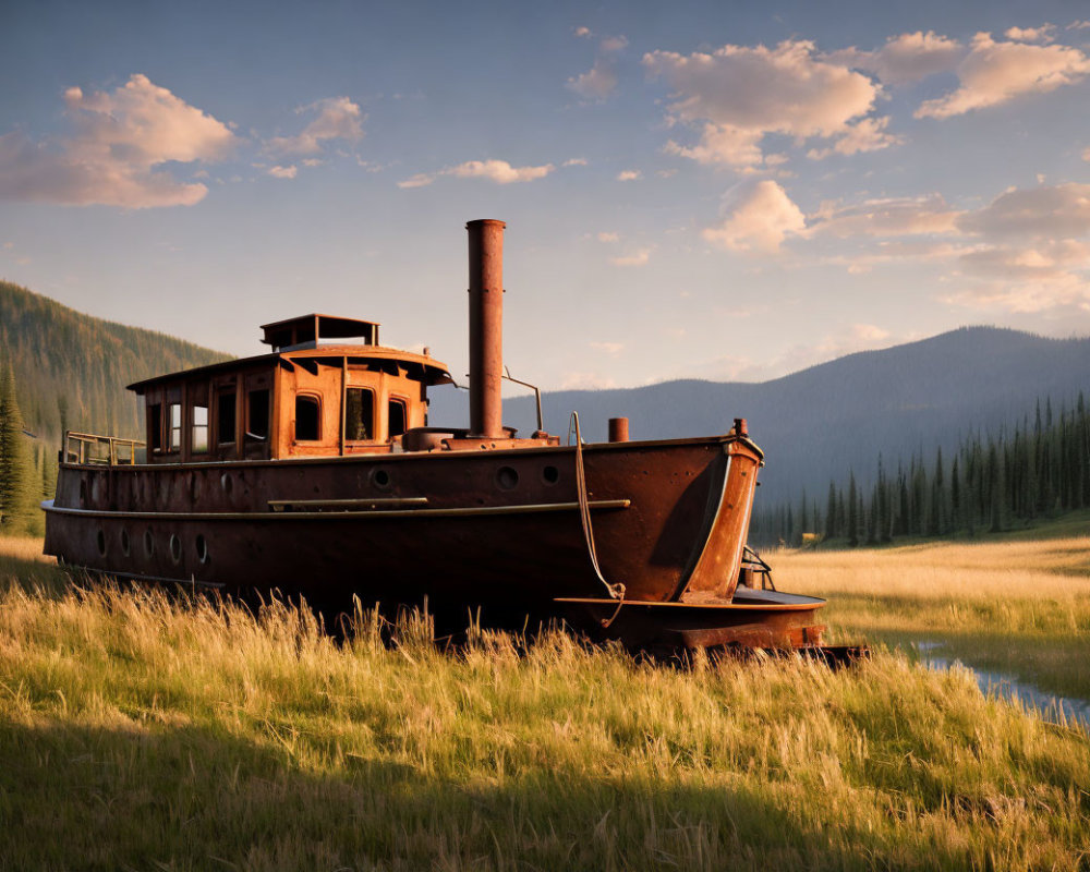 Abandoned rusty steamboat in forest clearing at sunset
