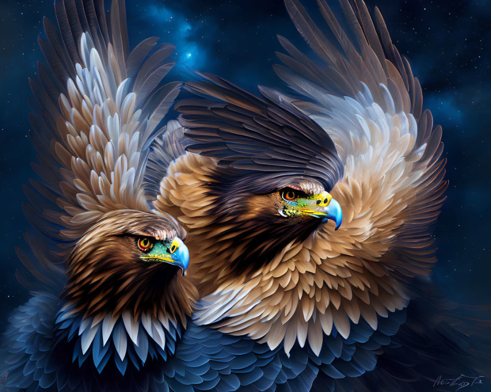 Detailed digital artwork: Majestic eagles with intricate feathers in starry night sky
