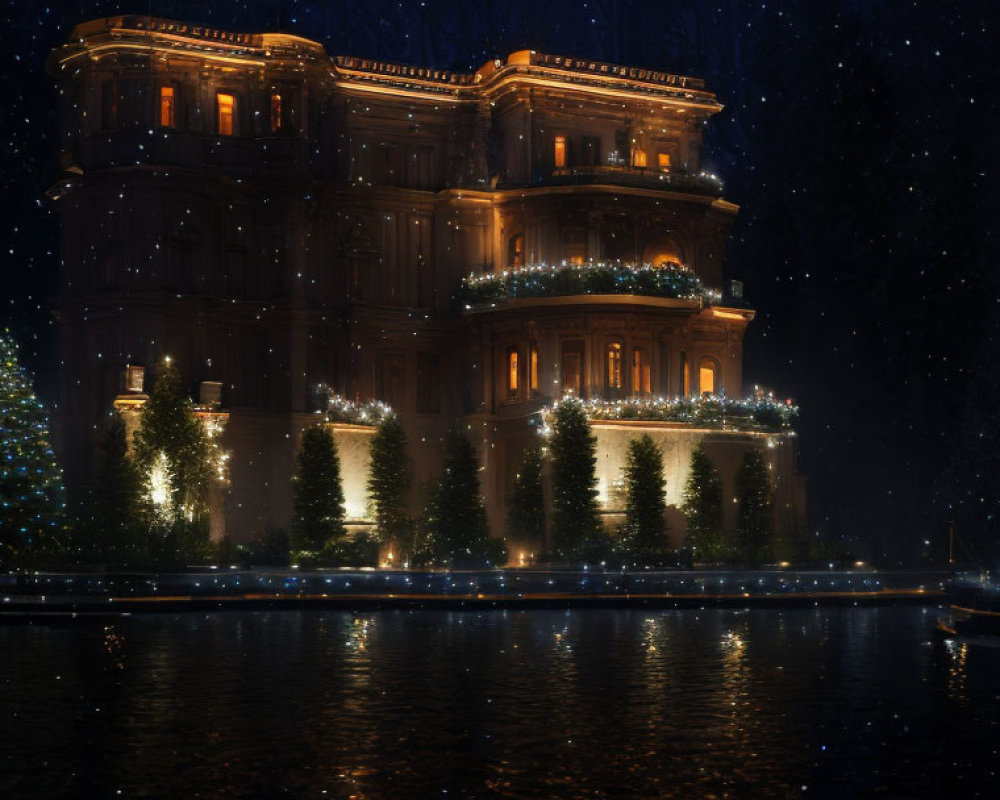 Grand building with festive lights, snowfall, Christmas trees, and serene water scene