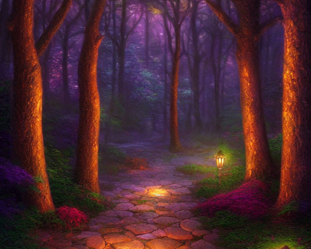 Enchanting forest path with glowing lanterns and vibrant foliage