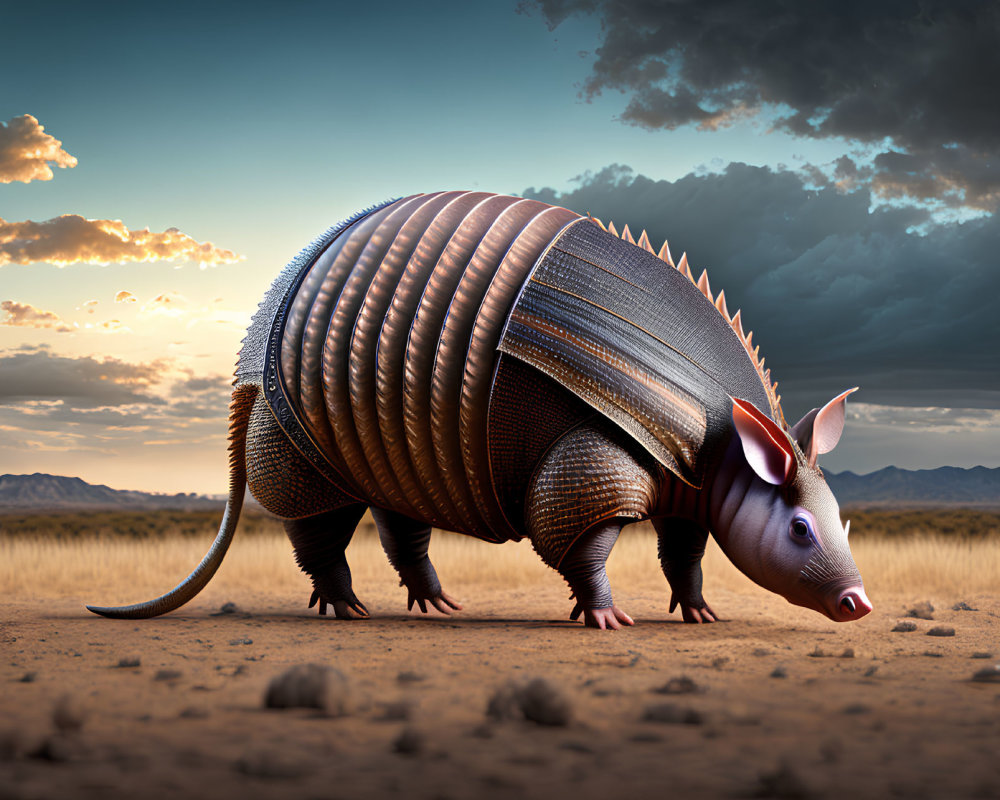 Detailed 3D illustration: Giant armadillo in desert with dramatic sky