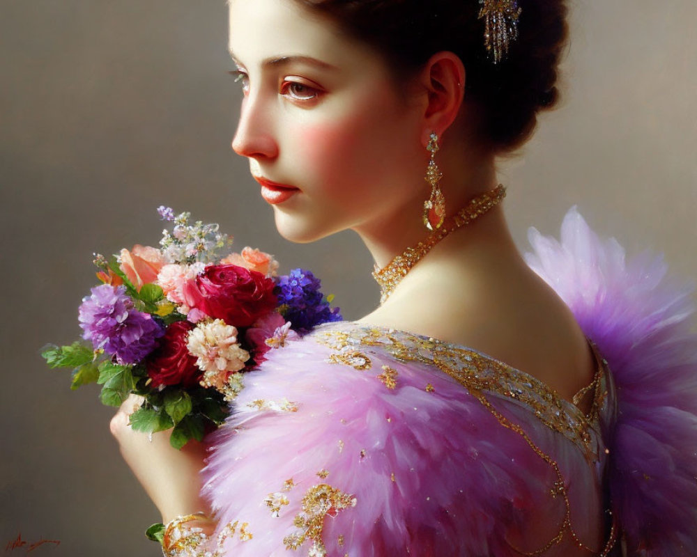 Elegant woman in purple feathered dress with colorful bouquet.