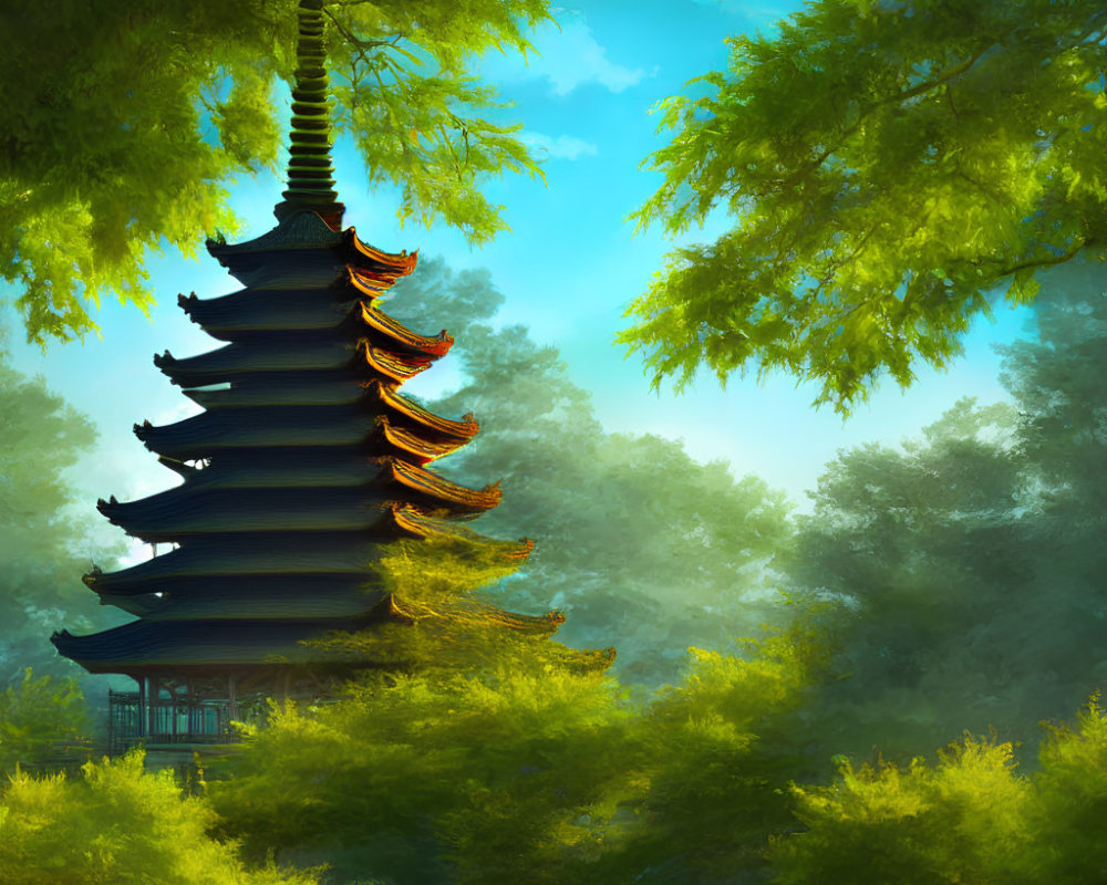 Serene illustration of multi-tiered pagoda in lush setting
