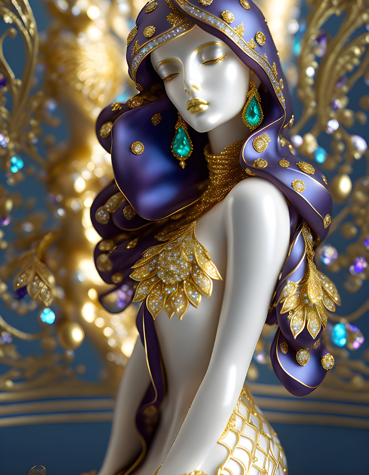 Golden-hued surreal artwork with elegant figure and ornate jewelry against decorative backdrop