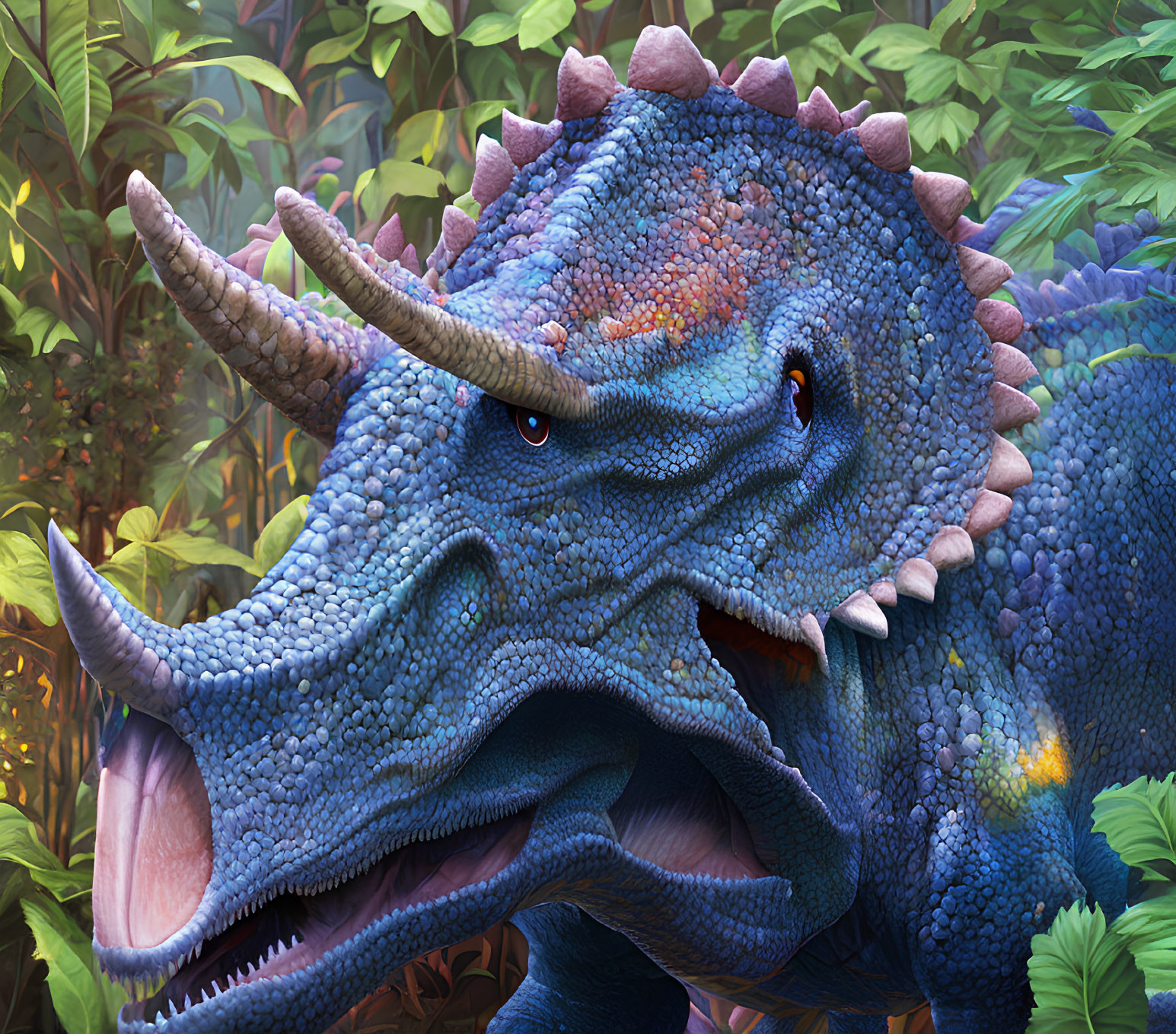 Detailed Blue Triceratops in Lush Jurassic Foliage