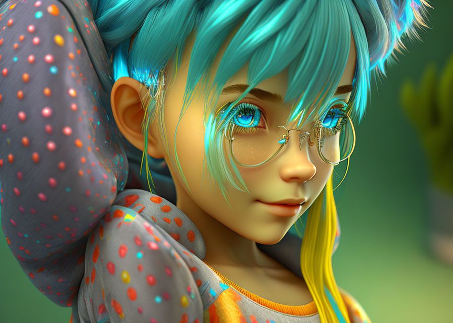 Colorful 3D illustration of a girl with teal hair and round glasses