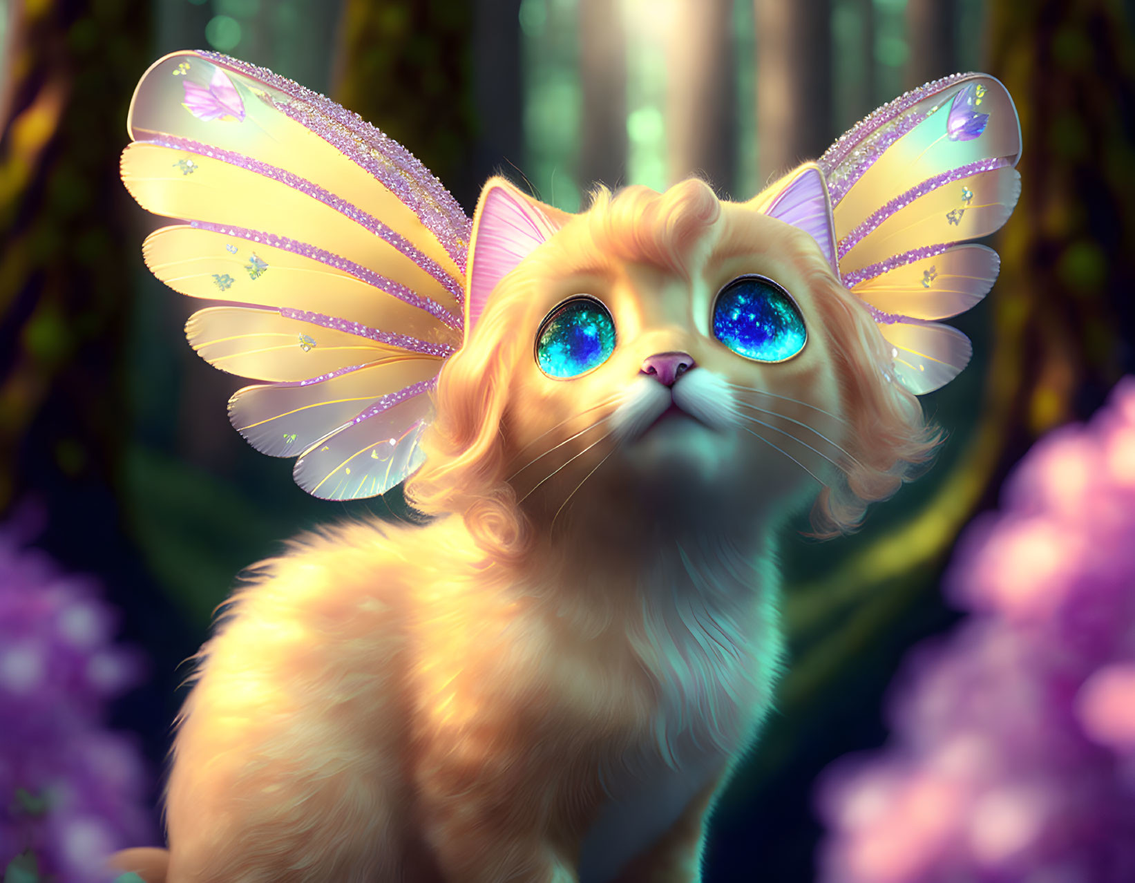 Colorful Orange Cat with Butterfly Wings in Enchanted Forest