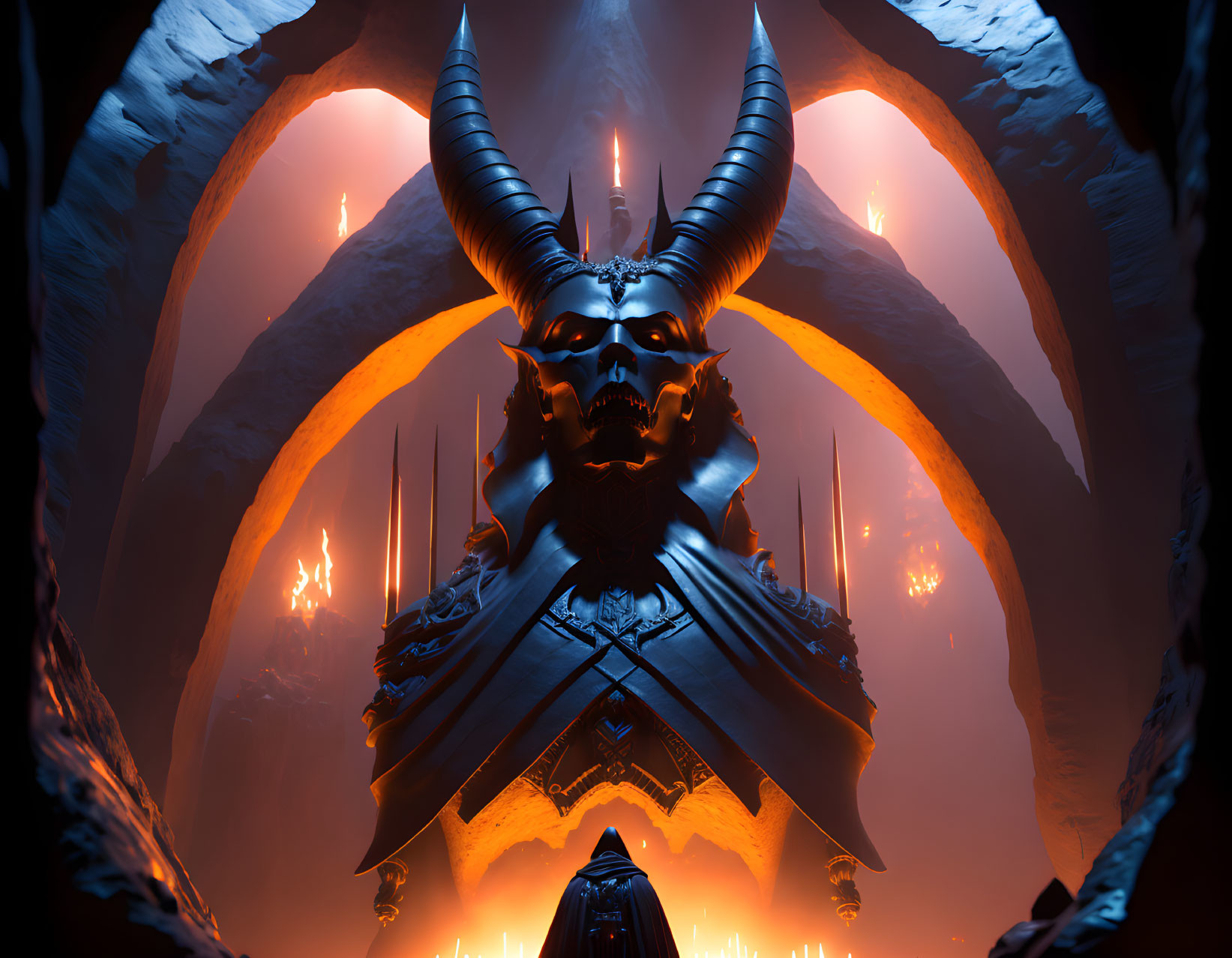 Horned demonic figure in fiery cavern with glowing embers