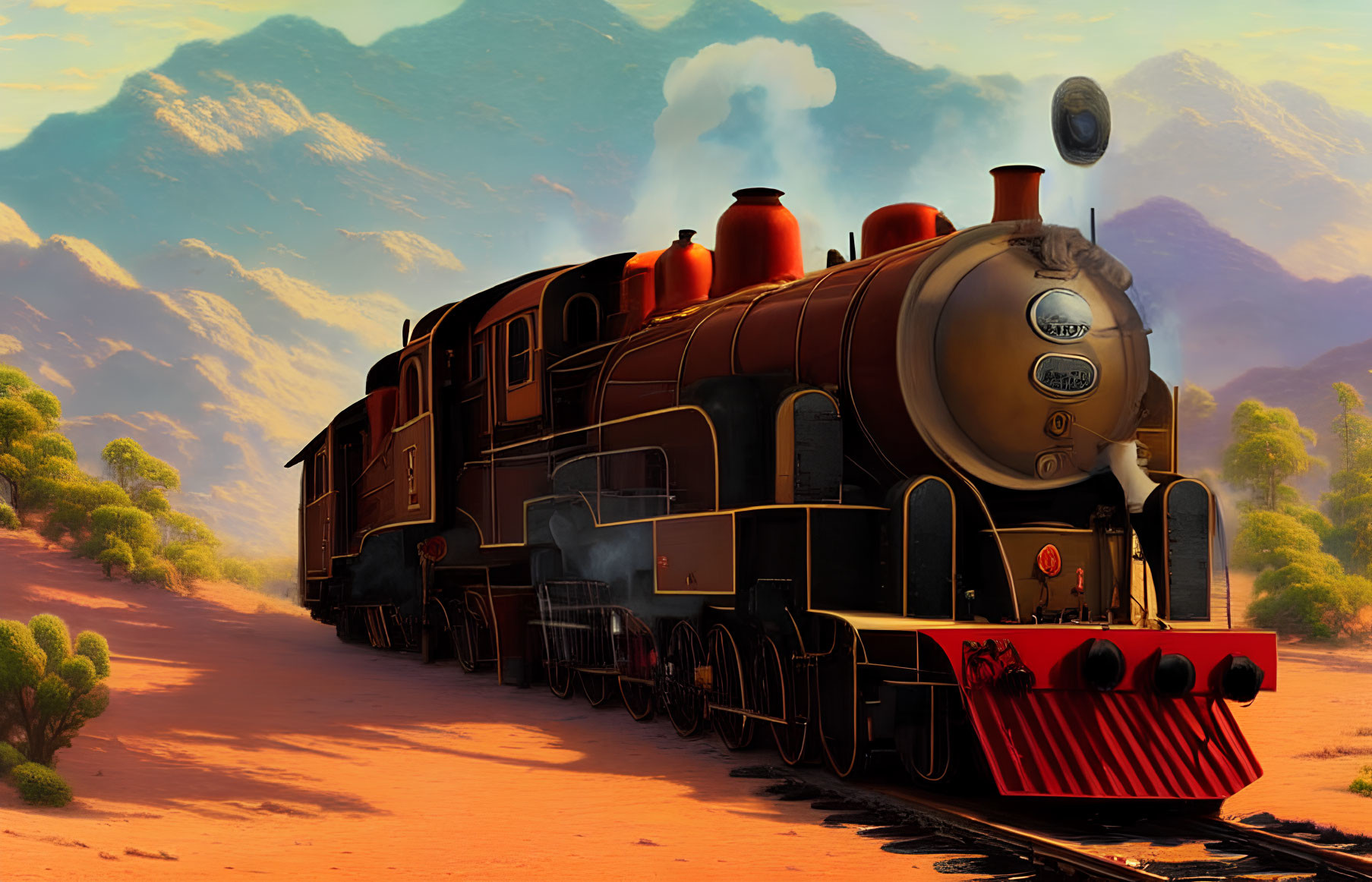 Vintage black steam locomotive with red trim in desert landscape under hazy sky