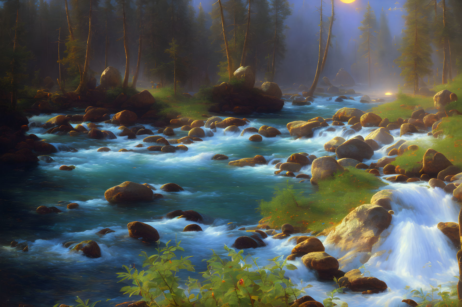 Tranquil forest landscape with sunlit river and boulders