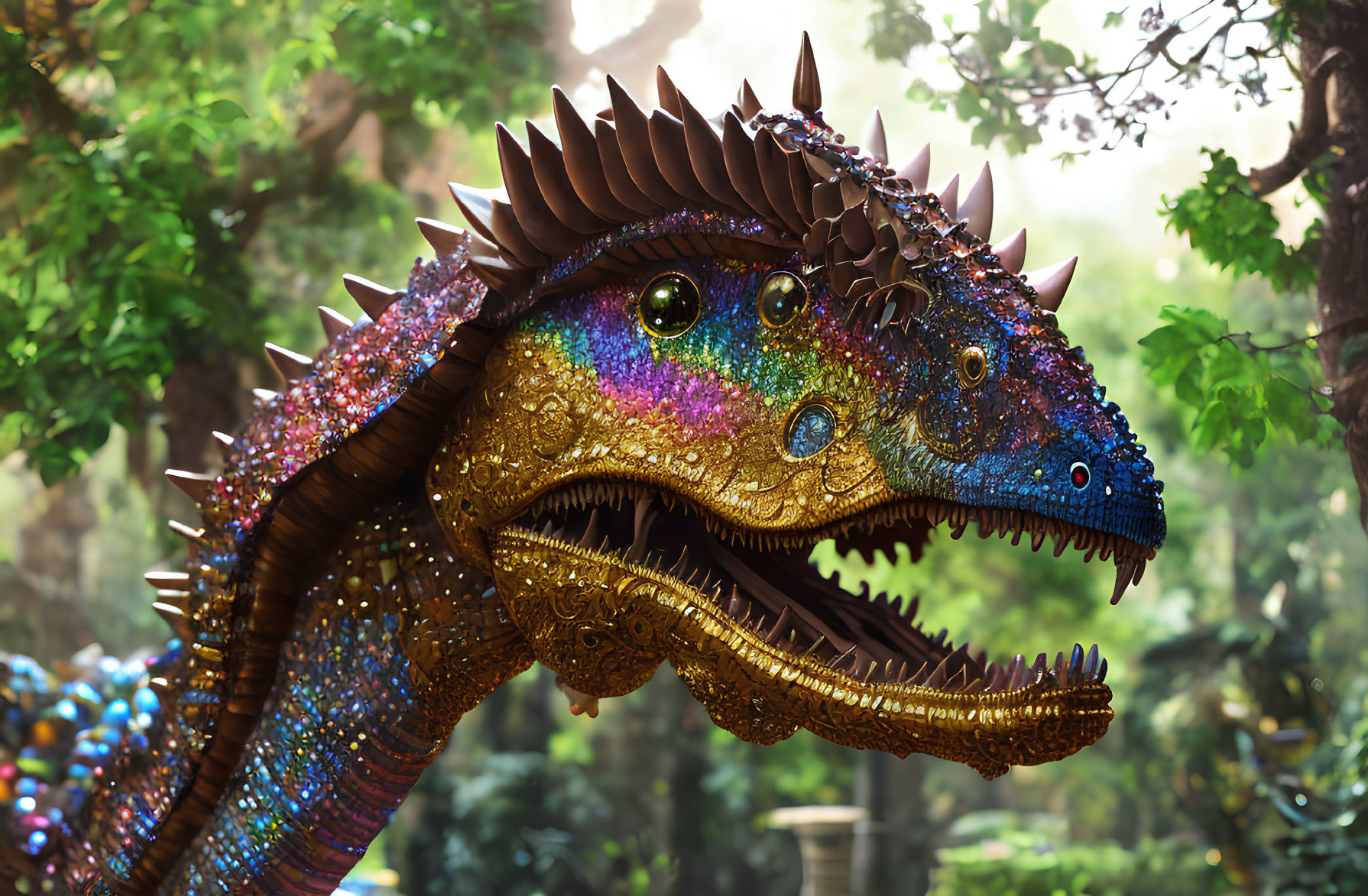 Colorful Dragon Creature with Glittering Scales in Forest Setting