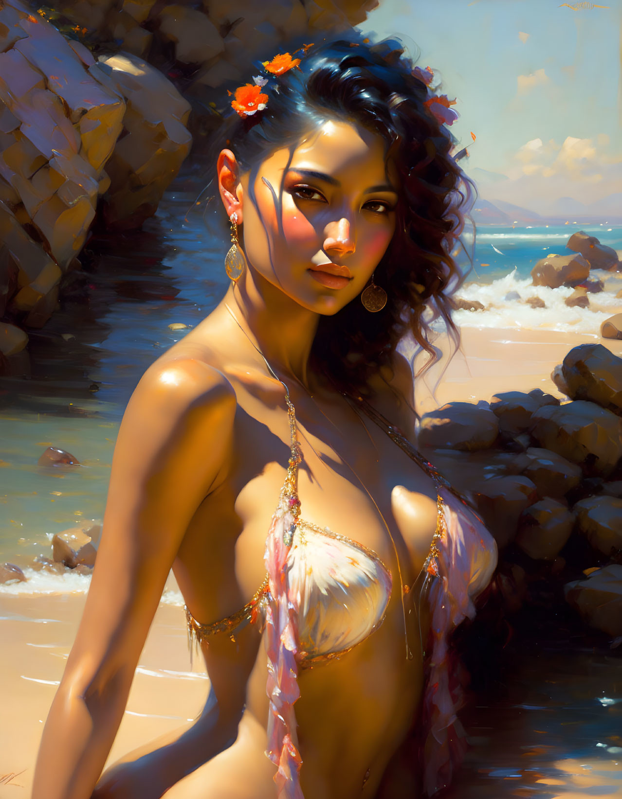 Woman with flowers in hair on sunny beach with rocks and waves, wearing shell necklace