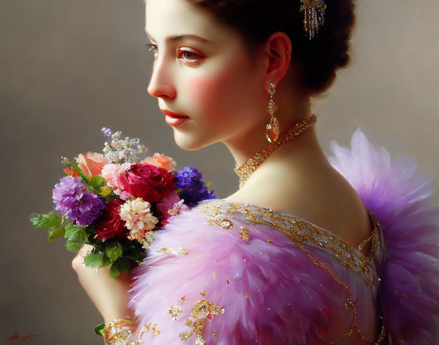 Elegant woman in purple feathered dress with colorful bouquet.