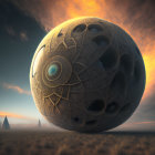 Surreal landscape with ornate spherical object under alien sky