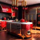 Stylish kitchen with red and chrome cabinetry, golden accents, and modern appliances