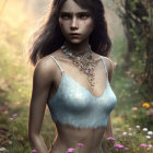 Ethereal woman with flower necklace in misty forest setting