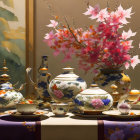 Traditional Tea Set Display with Blossom Branches and Snacks