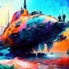 Colorful futuristic submarine floating above vibrant sea with boats and people, under dynamic sky.
