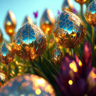 Golden Decorative Eggs and Purple Tulips in Festive Spring Setting
