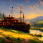 Abandoned rusty steamboat in forest clearing at sunset