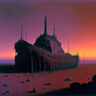 Abandoned ships with tall spires in surreal landscape at dusk or dawn