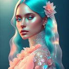 Digital artwork: Woman with turquoise & peach feather accessories, vibrant makeup, intricate headpiece, teal background
