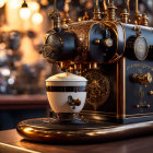 Steampunk-style 3D rendered espresso machine with intricate gears and pipes dispensing coffee into a