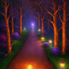 Enchanting forest path with glowing lanterns and vibrant foliage