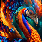 Colorful Peacock Displaying Vibrant Blue, Orange, and Gold Plumes