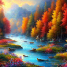Colorful Autumn Forest Scene with River and Boats