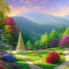 Digital artwork: Enchanting forest with pagoda, colorful trees, flowers, winding path