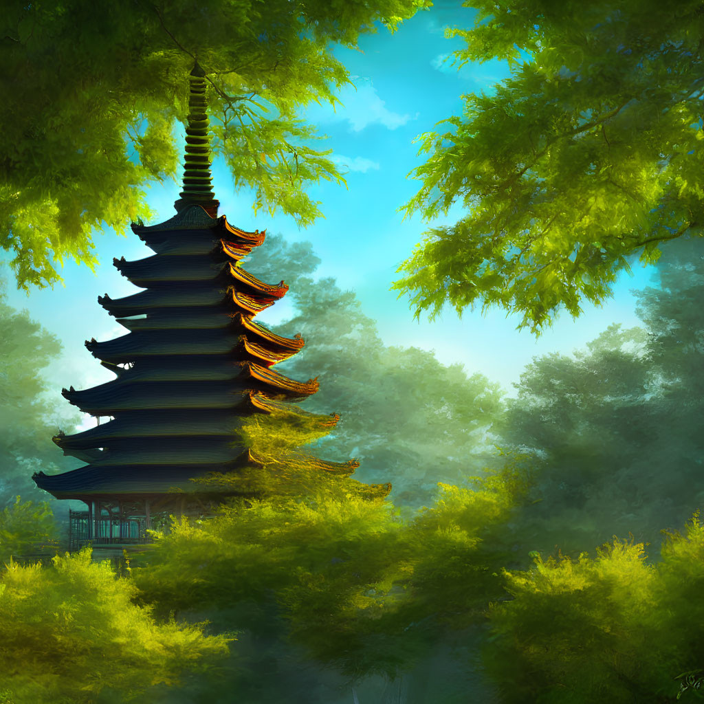 Serene illustration of multi-tiered pagoda in lush setting