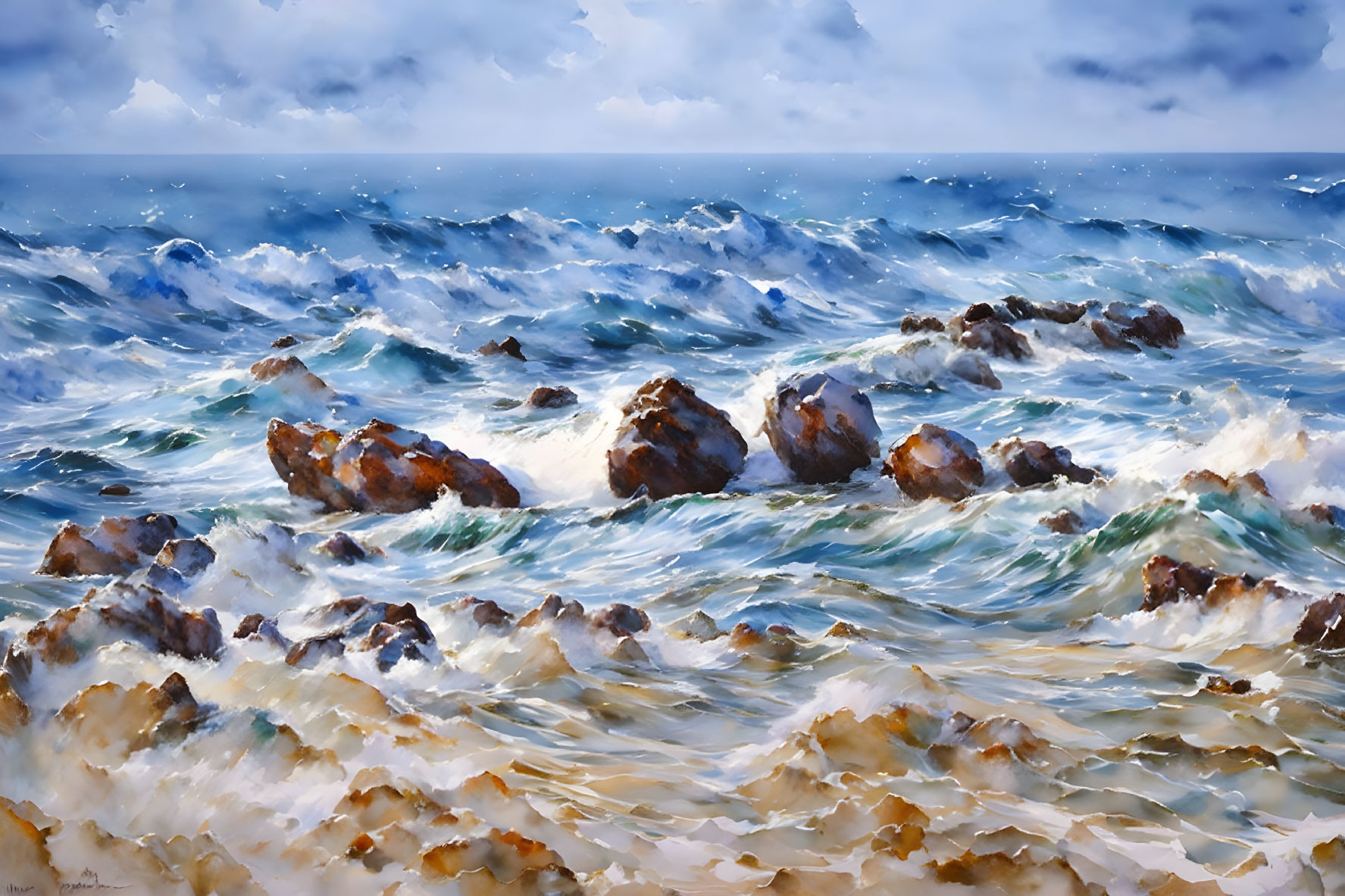 Ocean waves crashing against rocky shoreline under cloudy sky with frothy whitecaps - dynamic coastal scene in blue
