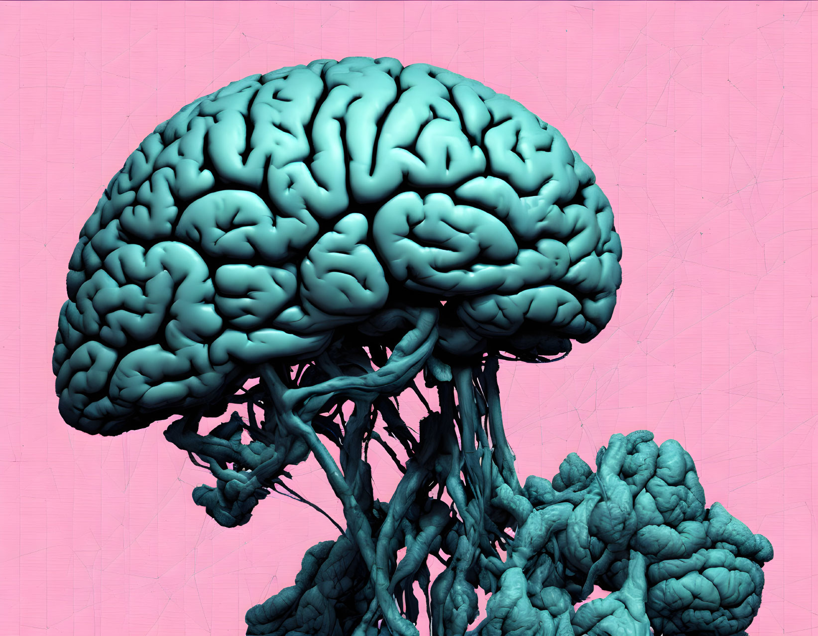Intricate 3D human brain with roots on pink background