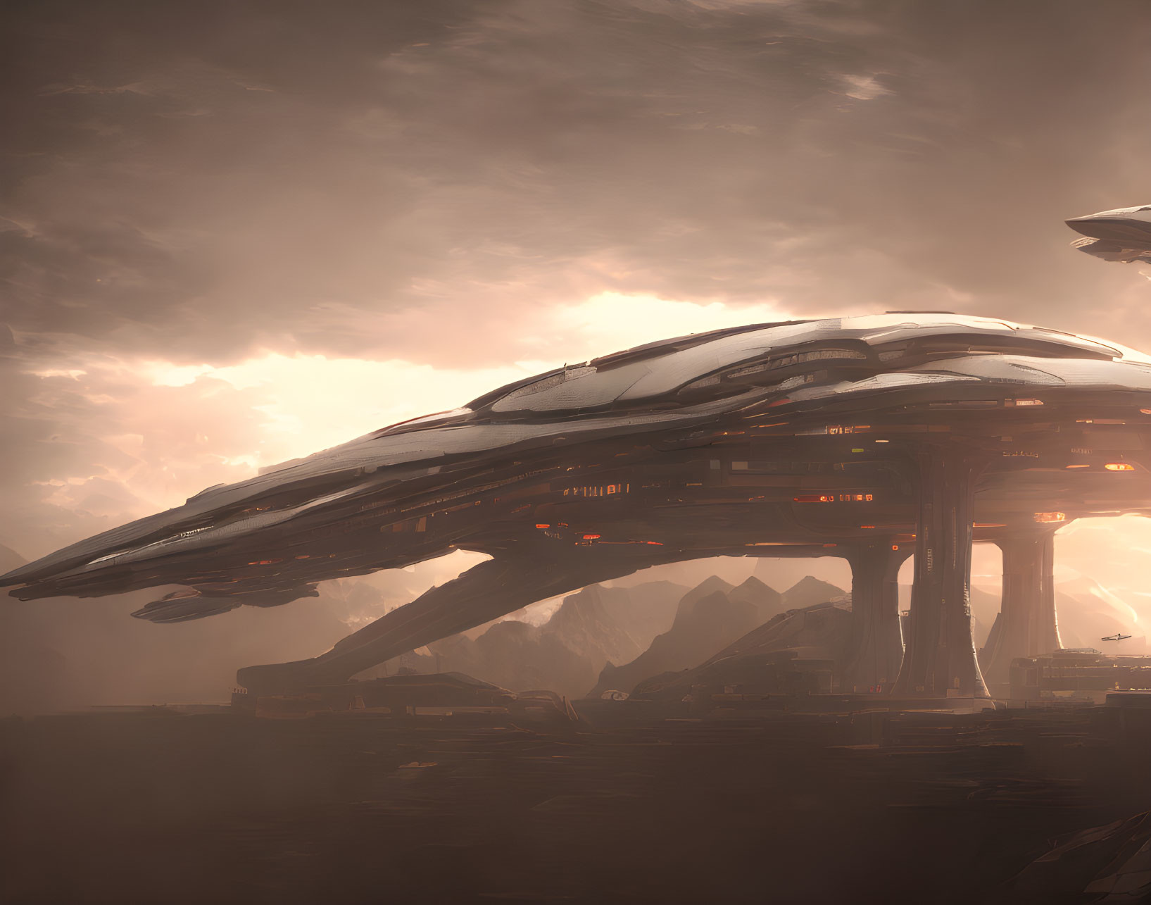 Curved futuristic spaceship on landing pads in misty mountainous landscape at dusk