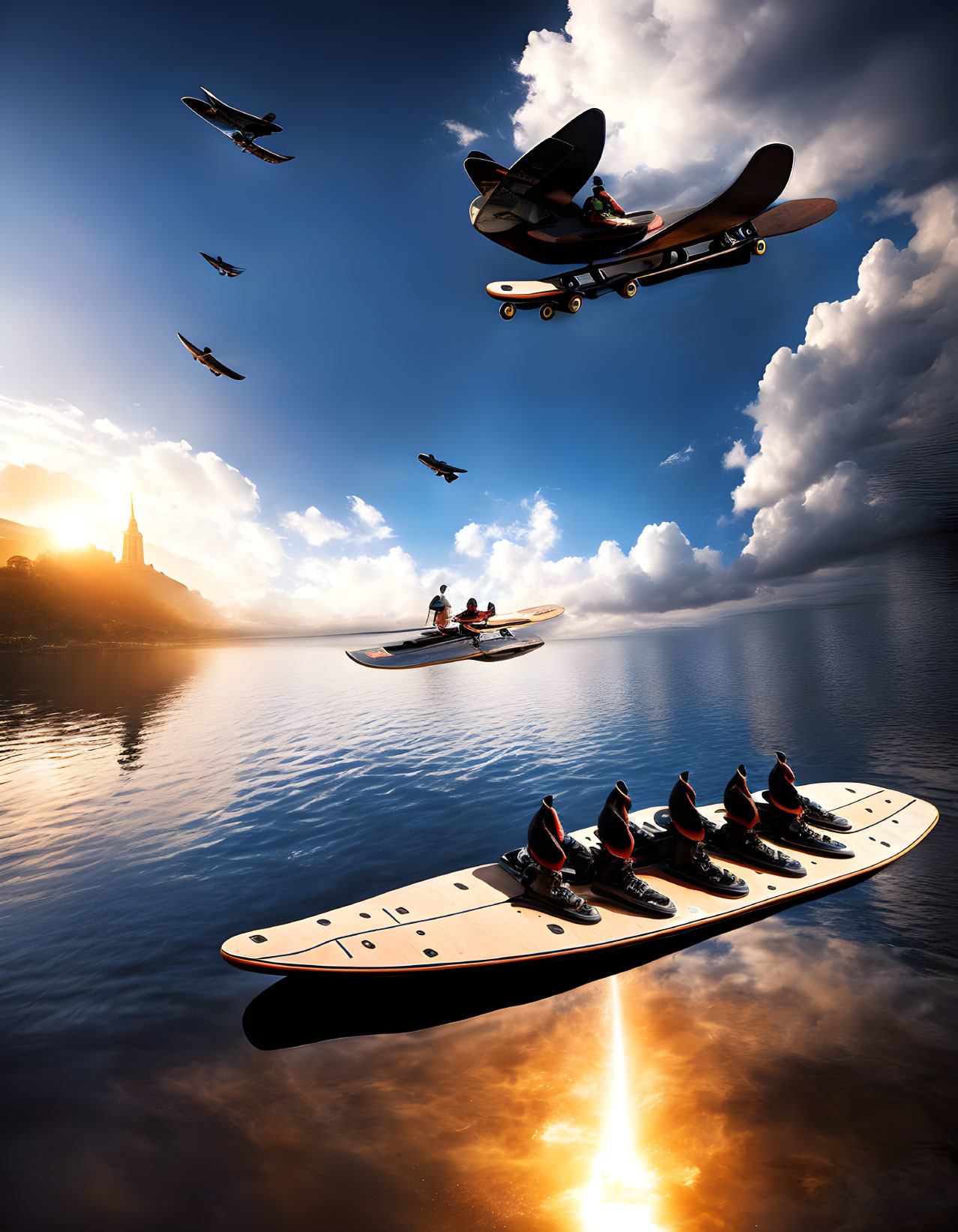 Skateboarder performs trick over surreal lake with giant floating skateboards, under cloudy sky with birds