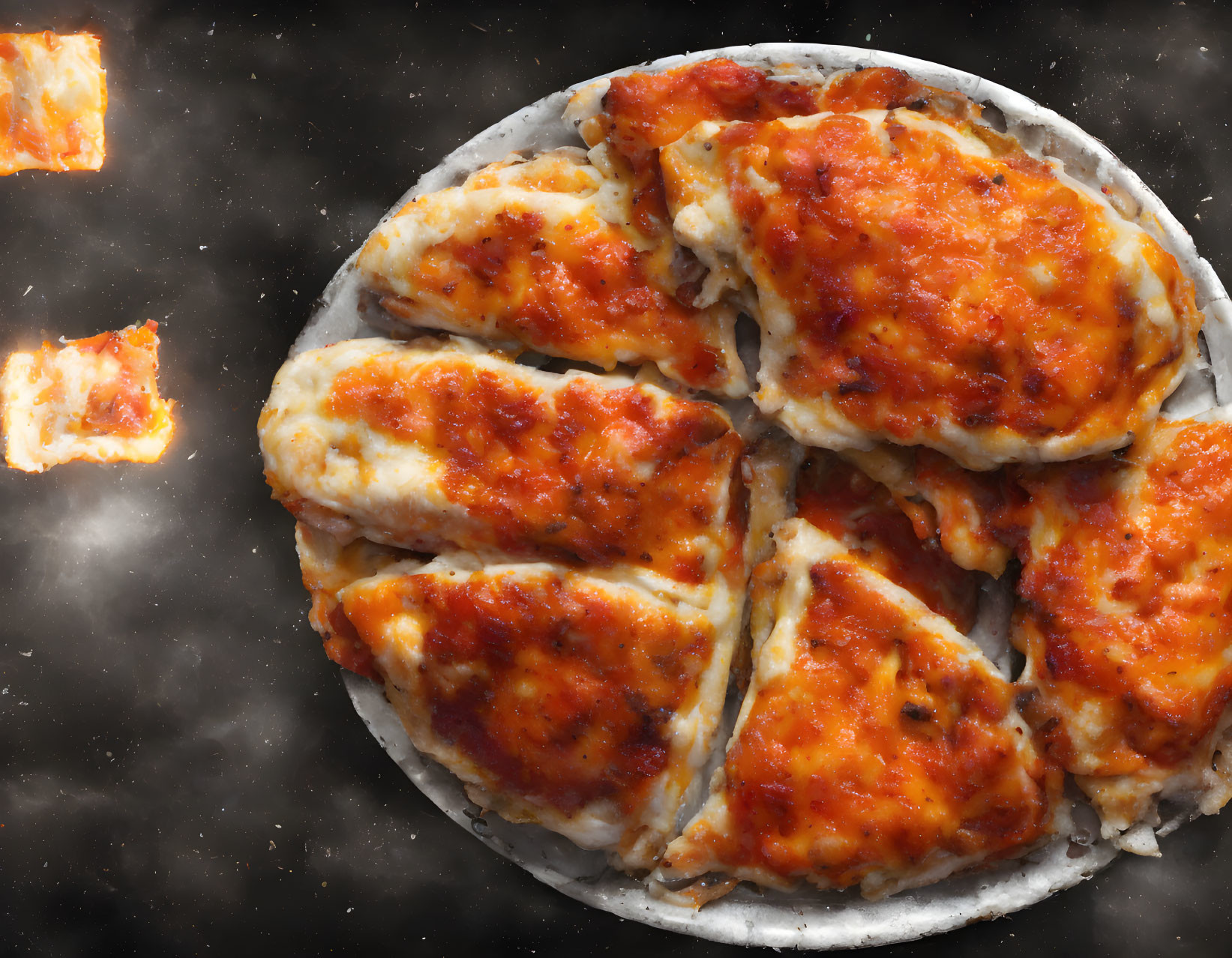 Cheese Pizza Slices on Golden Crust, Space-themed Background
