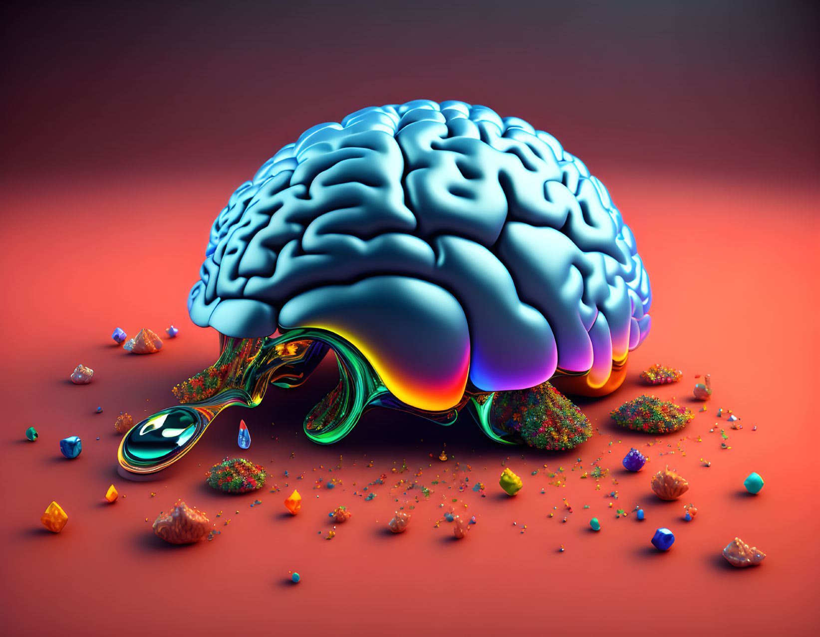 Vibrant surreal brain illustration with melting effect on red background