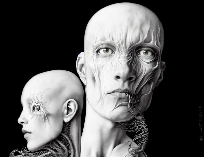 Monochrome hyper-realistic digital artwork of humanoid figures with elongated features.