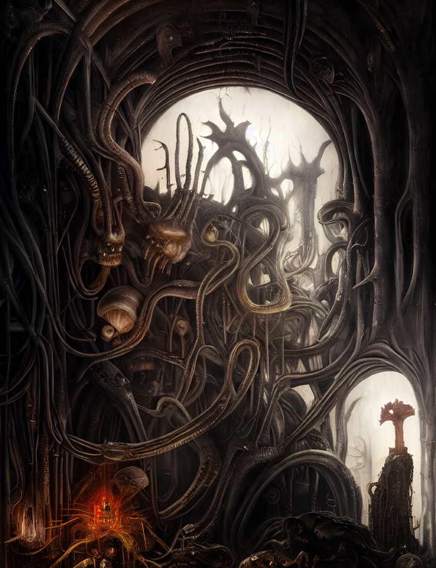 Dark fantasy scene with twisted tentacles and skeletal figures in an eerie archway