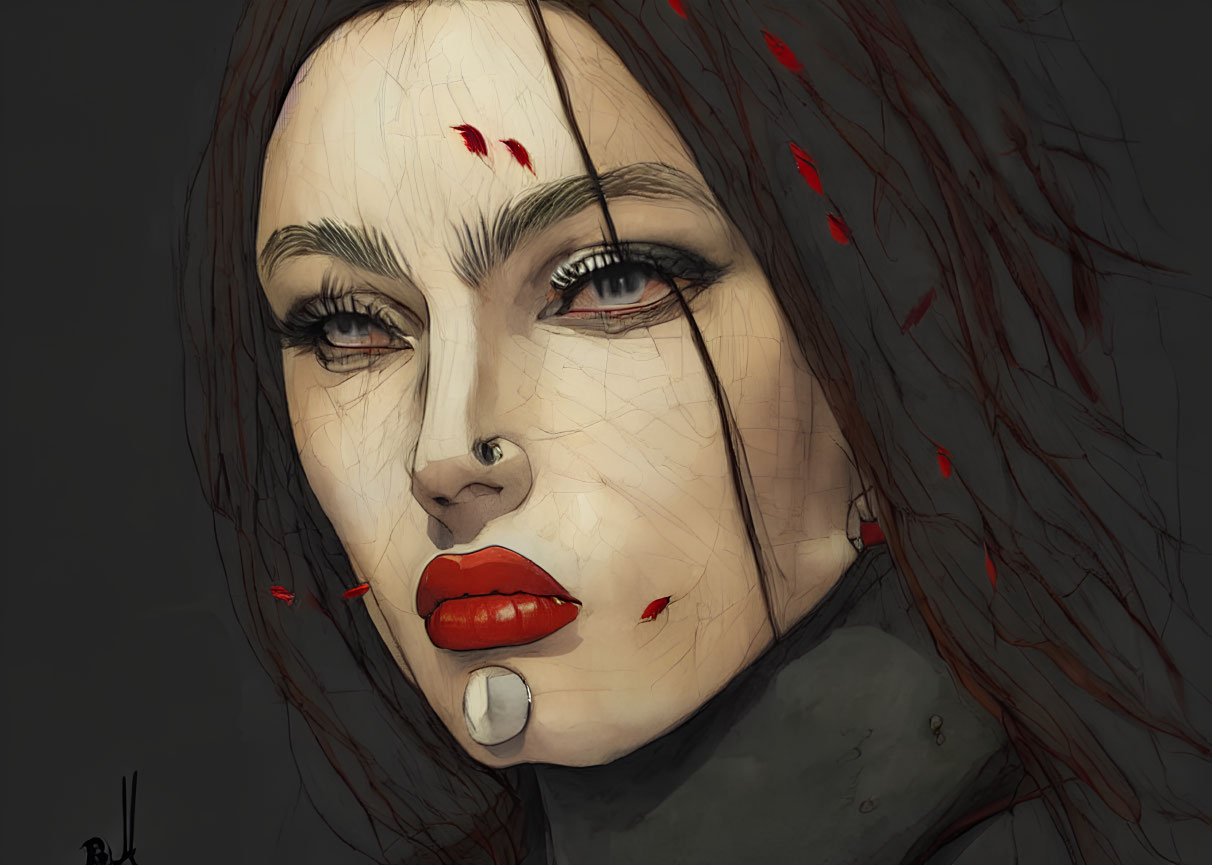 Digital portrait of woman with red lips and blood-like splatters on dark background