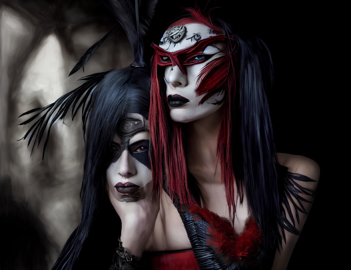 Two individuals with dramatic tribal makeup and feathers in a dark, mystic setting