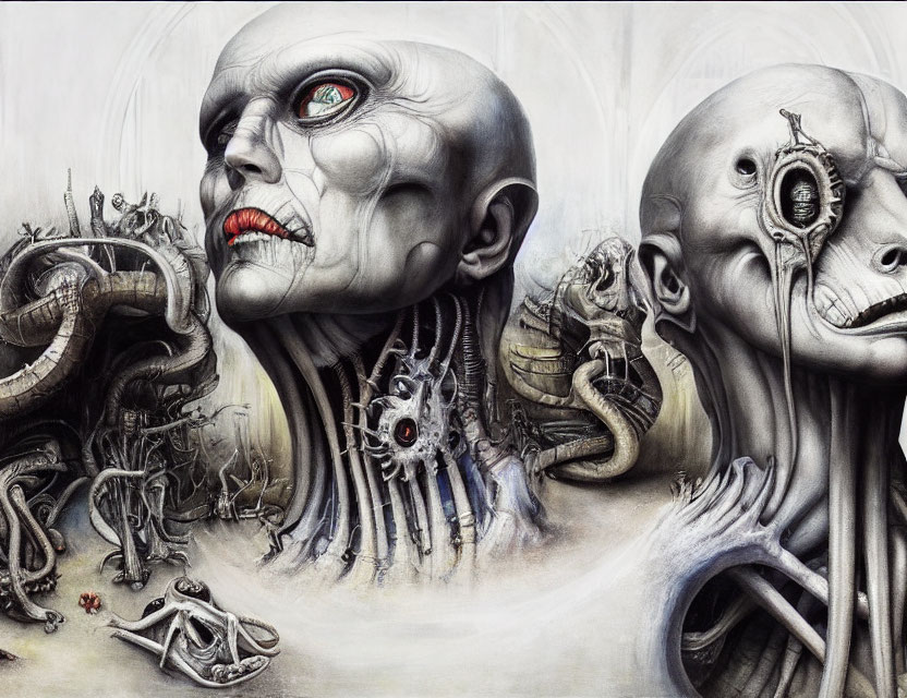 Surreal monochromatic artwork with humanoid faces, mechanical elements, and entwined snakes.