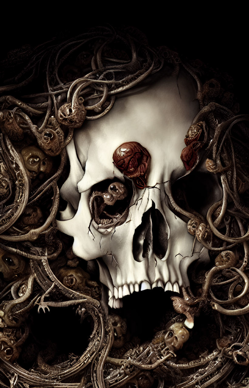 Surreal artwork: Skull with dark, twisted figures in macabre composition