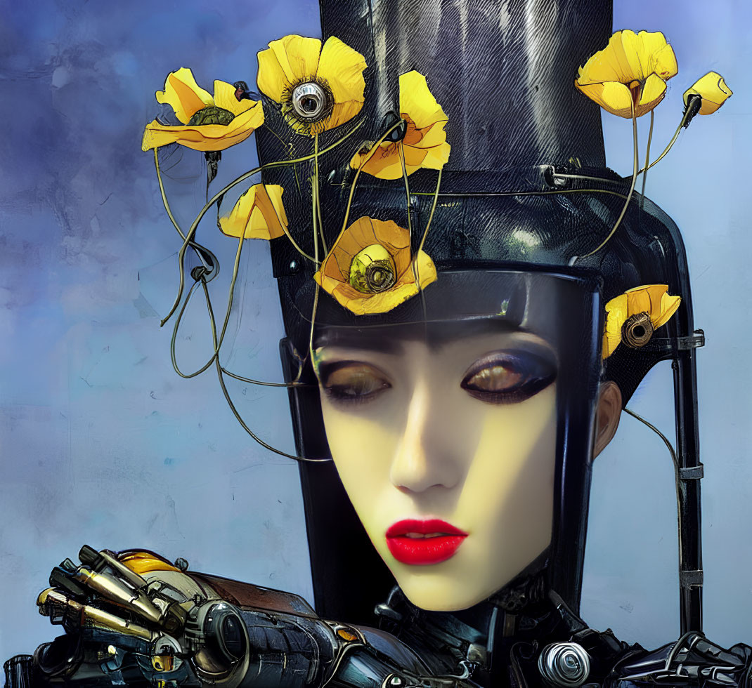 Futuristic female robot with black surface and yellow poppy flowers
