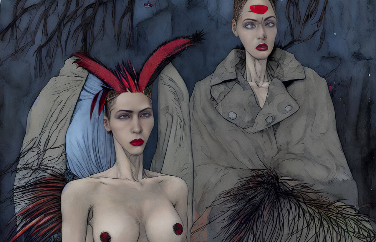 Stylized illustrated female figures in avant-garde attire with wing-like elements