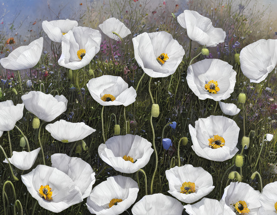 White poppies with golden-yellow centers and blue flowers on blurred background