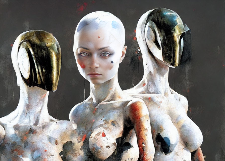 Abstract painting of humanoid figure with shaved head and two robotic figures in artistic wear