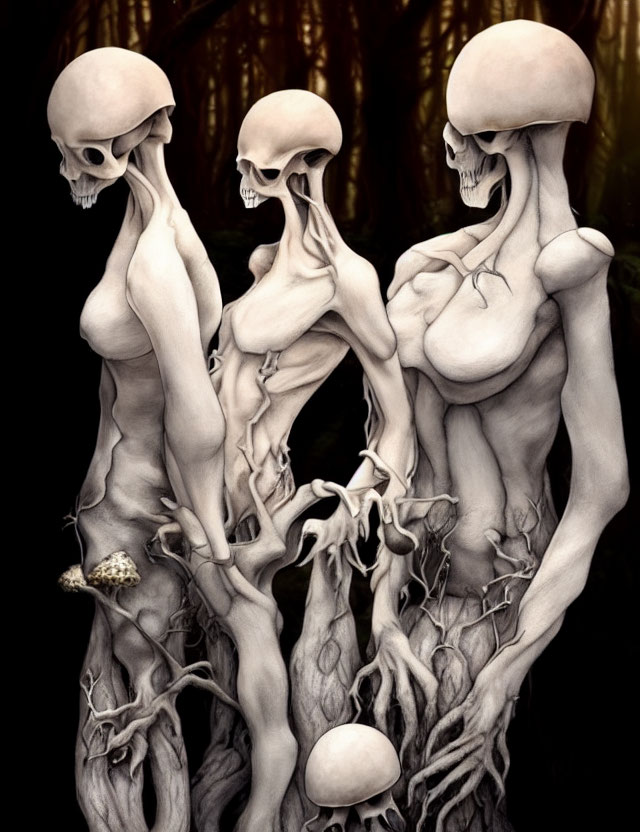 Surreal humanoid figures with elongated skulls and root limbs in dark forest